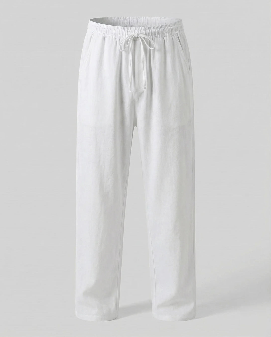White Men's Linen Trousers with Drawstring Waist - Flat Lay