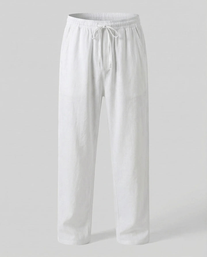 White Men's Linen Trousers with Drawstring Waist - Flat Lay