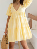 Mia | V-Neck Puff Sleeve Tiered Yellow Dress
