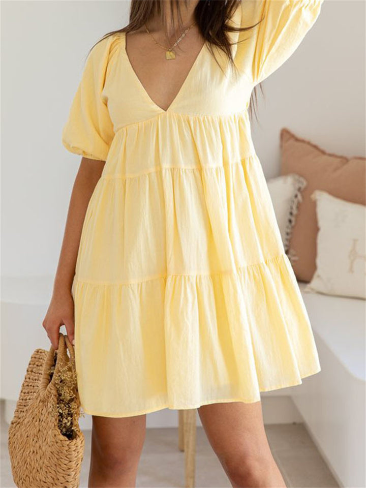 Mia | V-Neck Puff Sleeve Tiered Yellow Dress