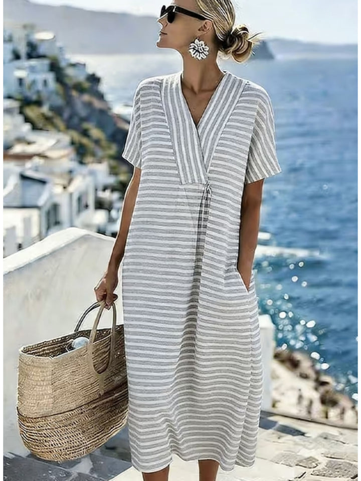 Naomi | Stylish V-Neck Striped Yellow Dress with Short Sleeves
