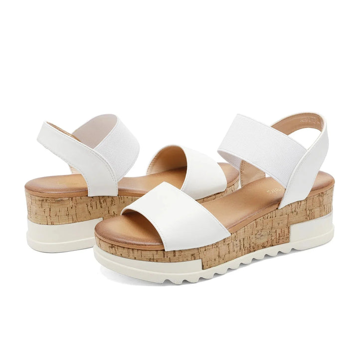 White Women's Elastic Strap Platform Sandals — Lana Cork Wedge Comfort - Front Pair