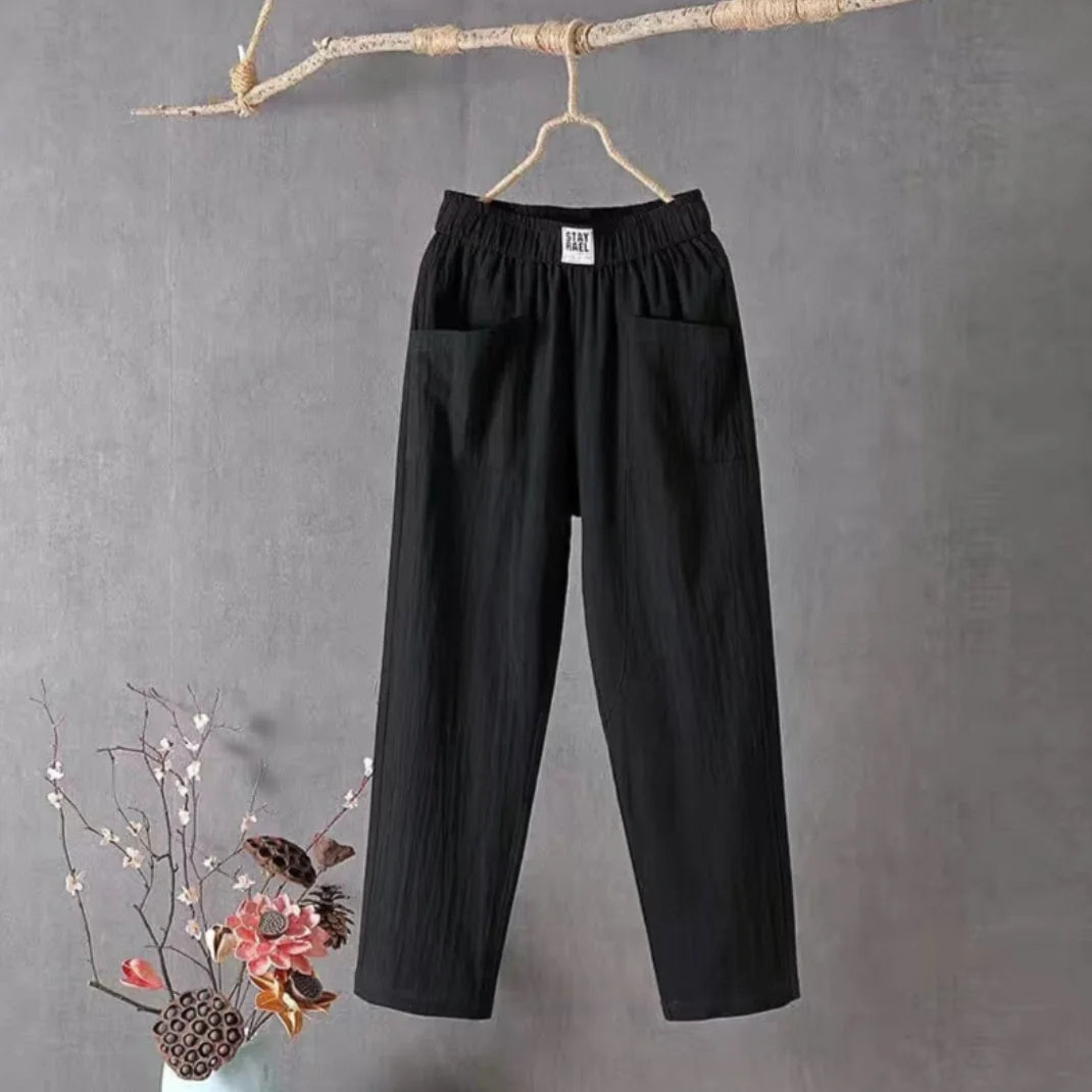 Black Women's Elastic Waist Trousers With Pockets — Ramona Relaxed Cotton Wide-Leg - Model Standing