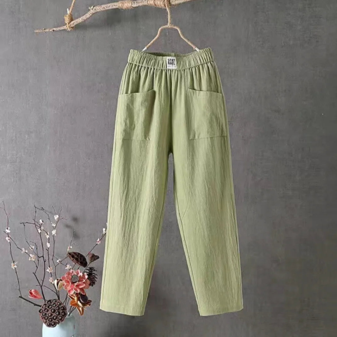 Green Women's Elastic Waist Trousers With Pockets — Ramona Relaxed Cotton Wide-Leg - Front Full