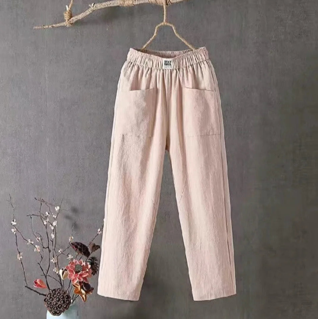 Pink Women's Elastic Waist Trousers With Pockets — Ramona Relaxed Cotton Wide-Leg - Casual Wear