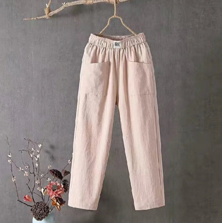 Pink Women's Elastic Waist Trousers With Pockets — Ramona Relaxed Cotton Wide-Leg - Casual Wear