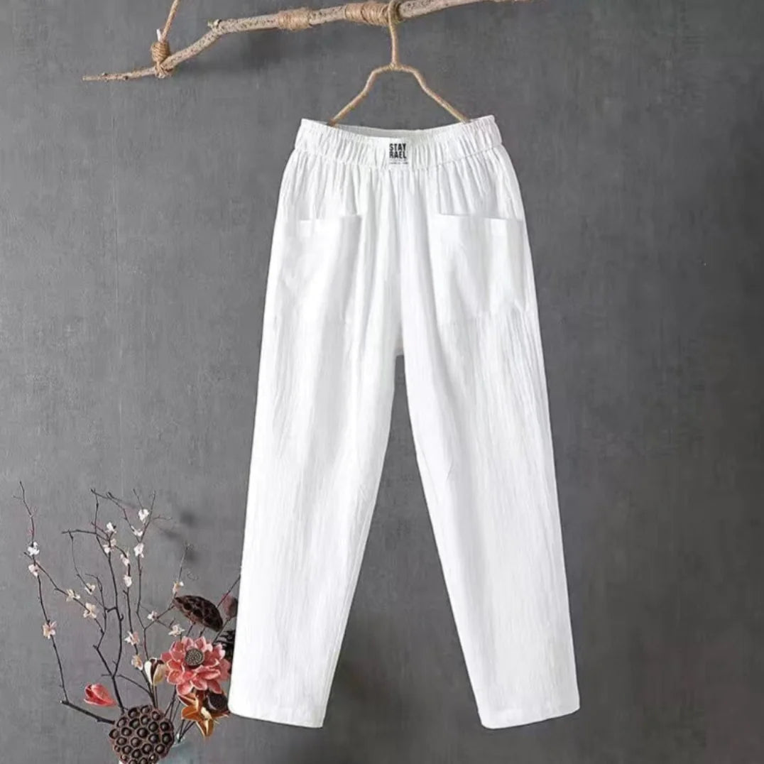 White Women's Elastic Waist Trousers With Pockets — Ramona Relaxed Cotton Wide-Leg - Lifestyle Pose