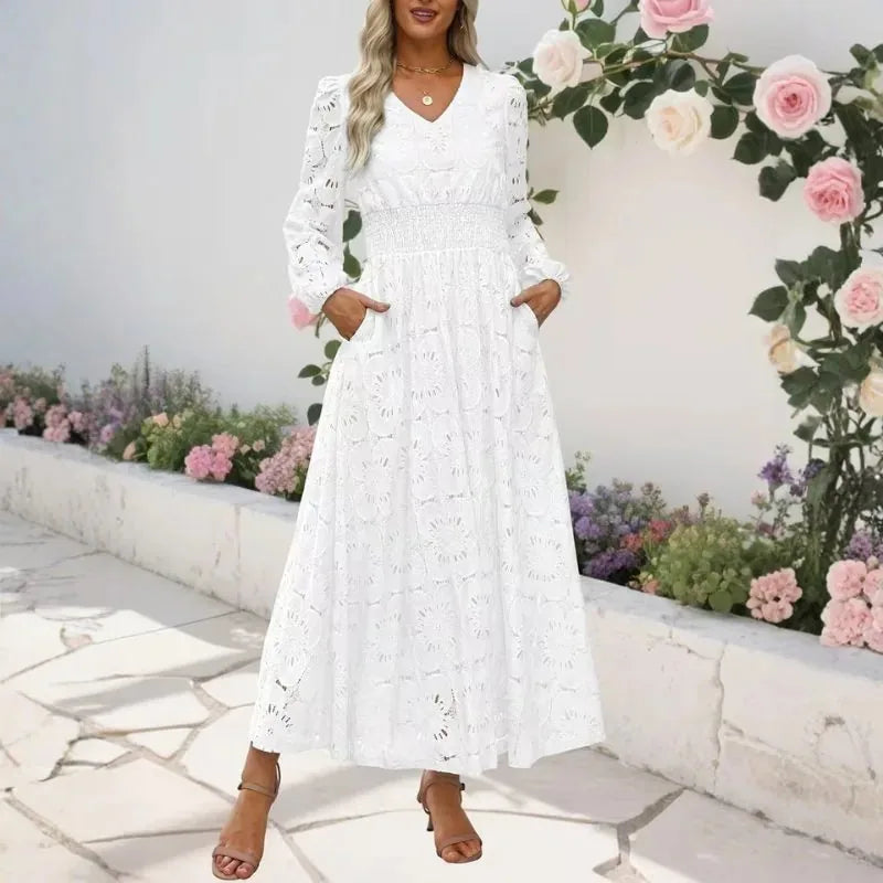 Rachel | Elegant Lace V-Neck Long Sleeve Maxi Dress