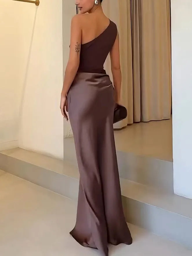 Stella | Elegant One Shoulder Pleated Off Shoulder Party Maxi Dress