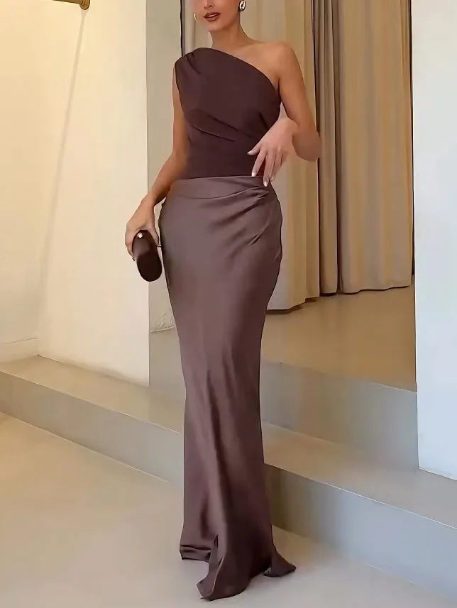 Stella | Elegant One Shoulder Pleated Off Shoulder Party Maxi Dress