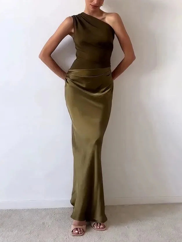 Stella | Elegant One Shoulder Pleated Off Shoulder Party Maxi Dress