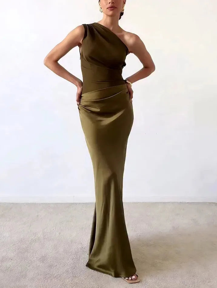 Stella | Elegant One Shoulder Pleated Off Shoulder Party Maxi Dress
