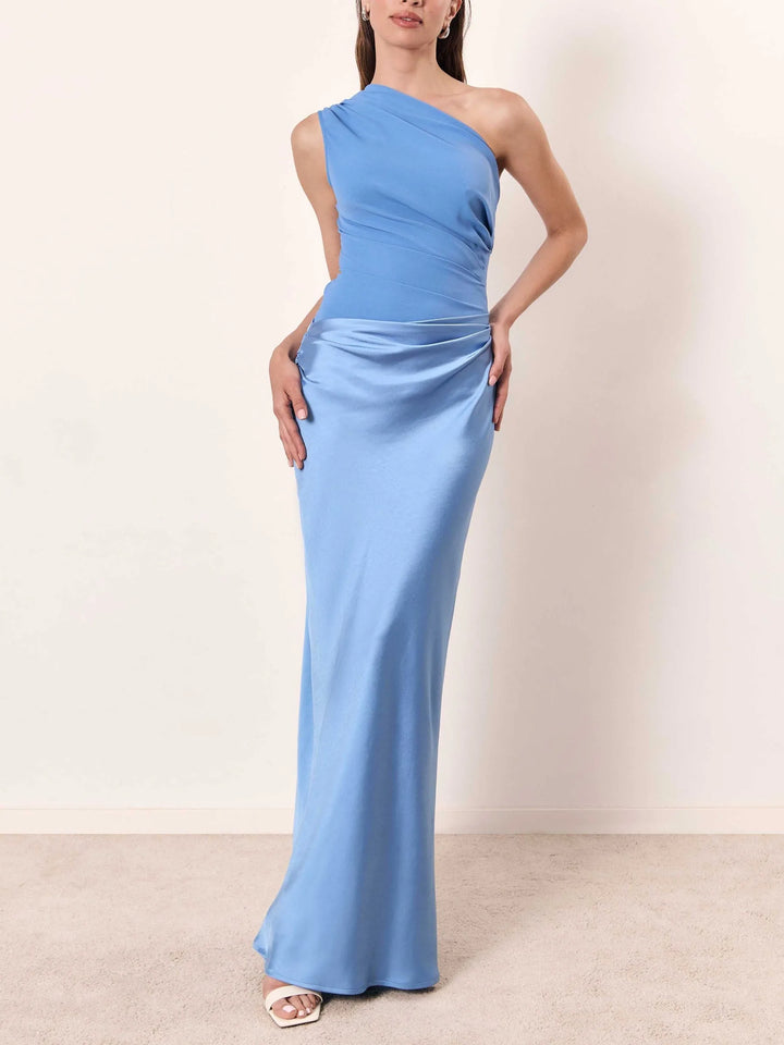 Stella | Elegant One Shoulder Pleated Off Shoulder Party Maxi Dress