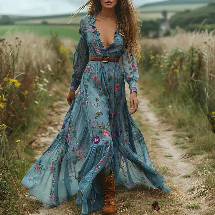 Blue Women's Embroidered Boho Maxi Dress — Madeline V-Neck Long Sleeve - Side Pose