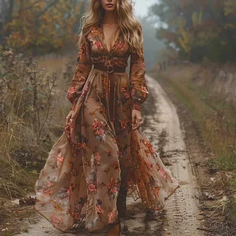 Brown Women's Embroidered Boho Maxi Dress — Madeline V-Neck Long Sleeve - Outdoor Pose