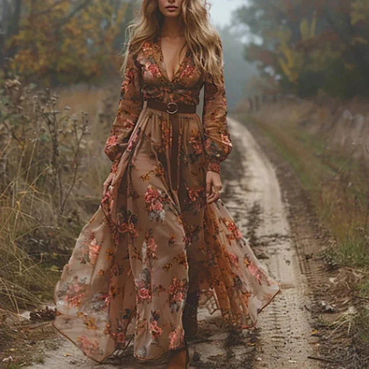 Brown Women's Embroidered Boho Maxi Dress — Madeline V-Neck Long Sleeve - Outdoor Pose