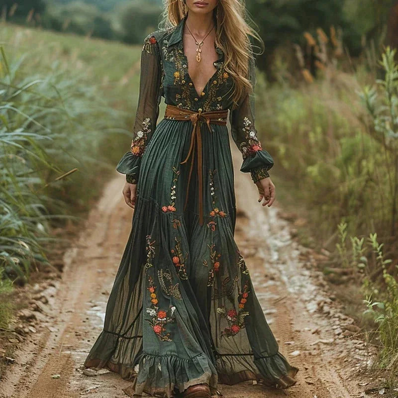 Green Women's Embroidered Boho Maxi Dress — Madeline V-Neck Long Sleeve - Front Full
