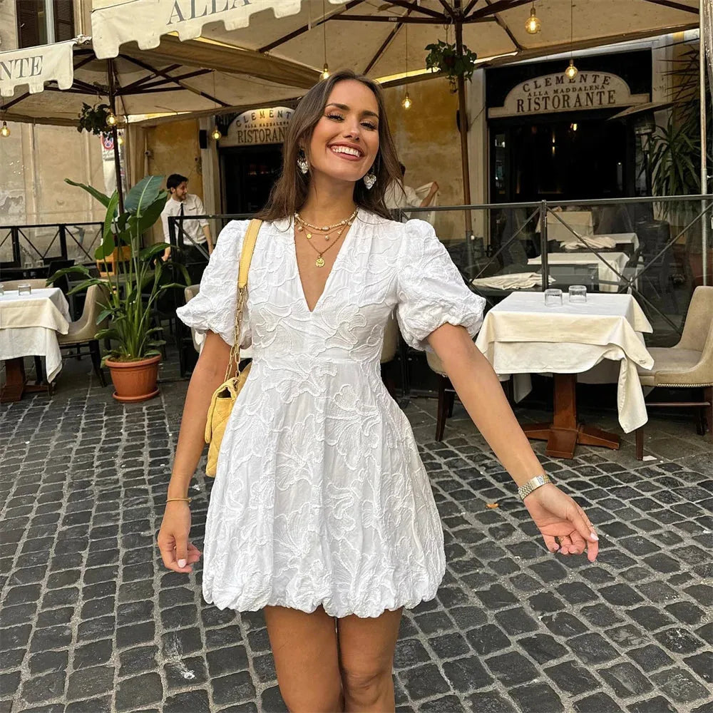 Talia | White Embroidered Puff Sleeve V-Neck Mini Dress