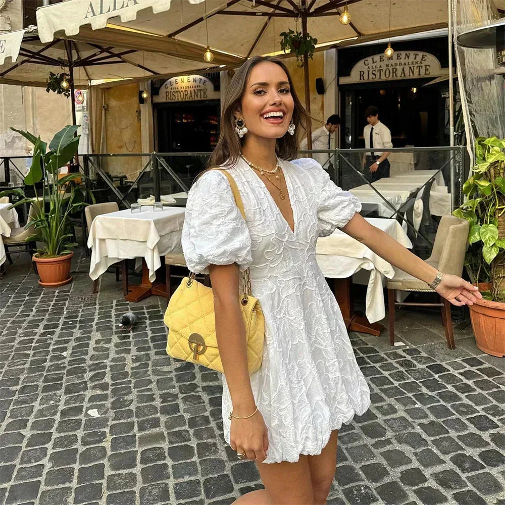 Talia | White Embroidered Puff Sleeve V-Neck Mini Dress