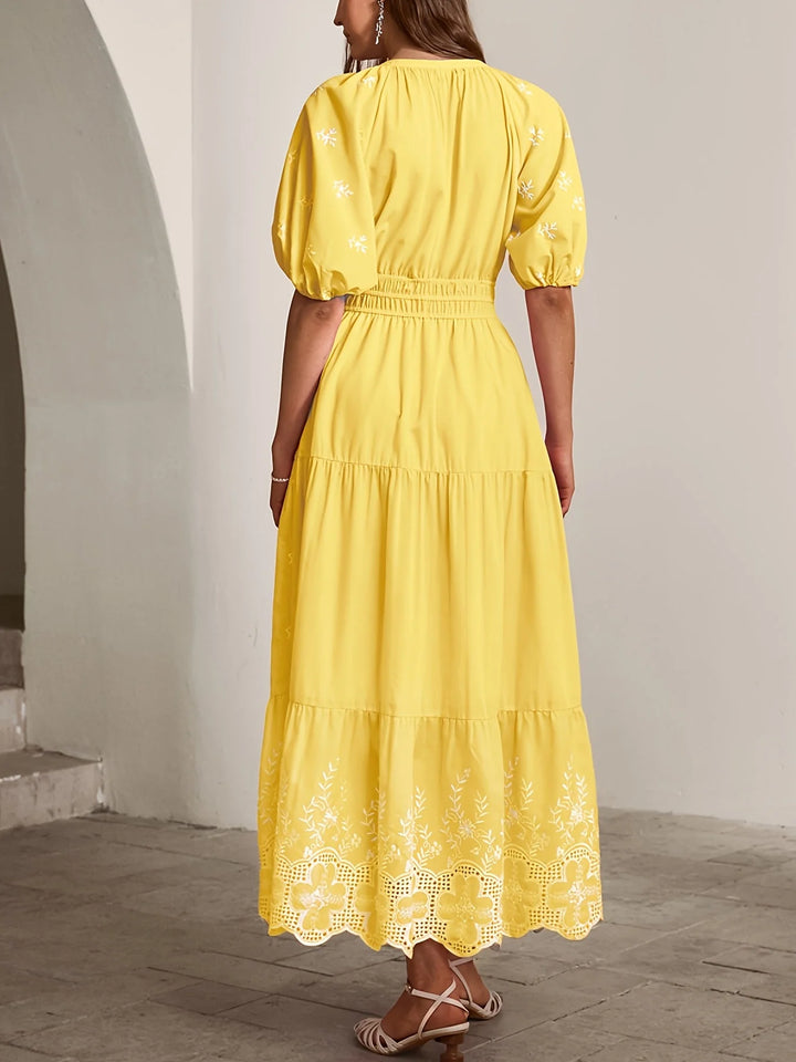 Yellow Women's Yellow Embroidered Maxi Dress — Lyla Puff Sleeve Tiered - Back Pose