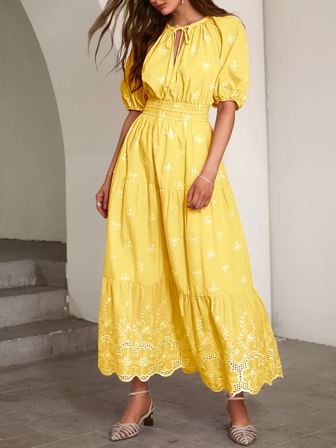 Yellow Women's Yellow Embroidered Maxi Dress — Lyla Puff Sleeve Tiered - Front Full