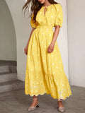 Women's Yellow Embroidered Maxi Dress — Lyla Puff Sleeve Tiered