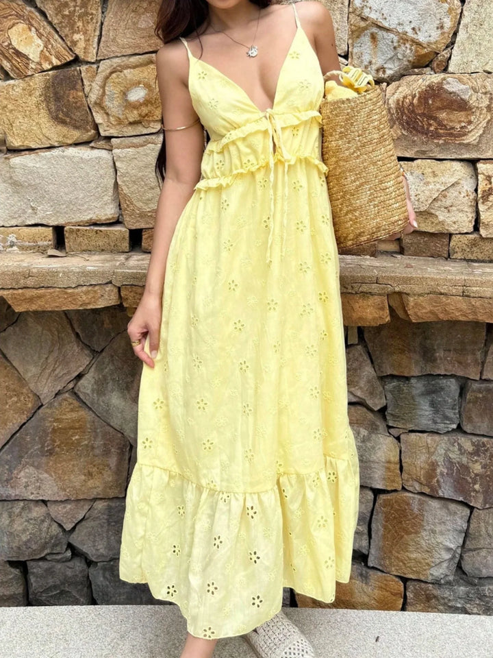 Sophia | Embroidered V-Neck Ruffle Tiered Yellow Dress
