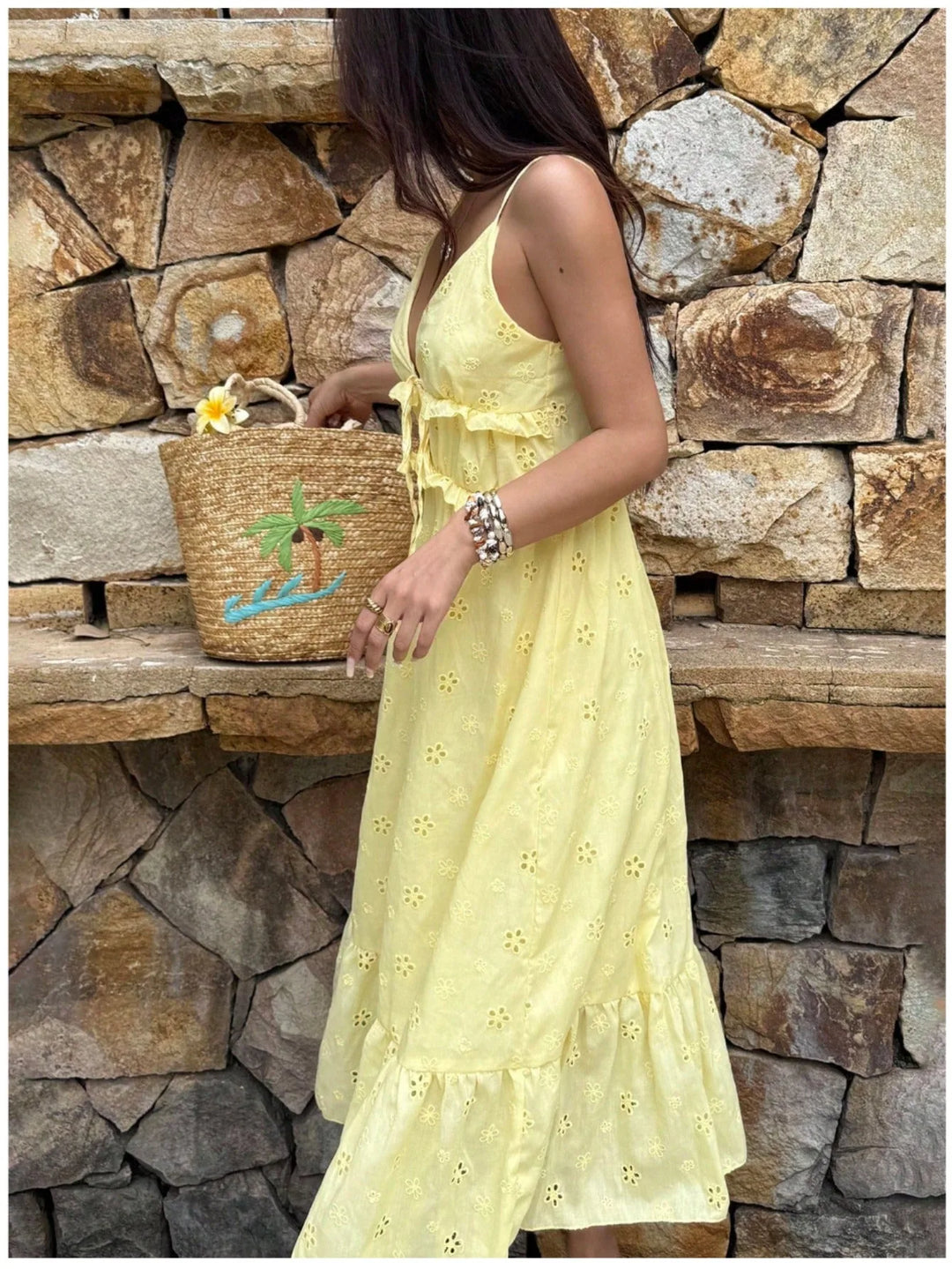 Sophia | Embroidered V-Neck Ruffle Tiered Yellow Dress