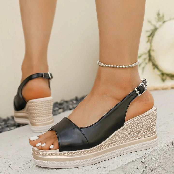 Black Women's Espadrille Platform Sandals With Ankle Strap — Brooke Woven Sole Adjustable - Worn Lifestyle
