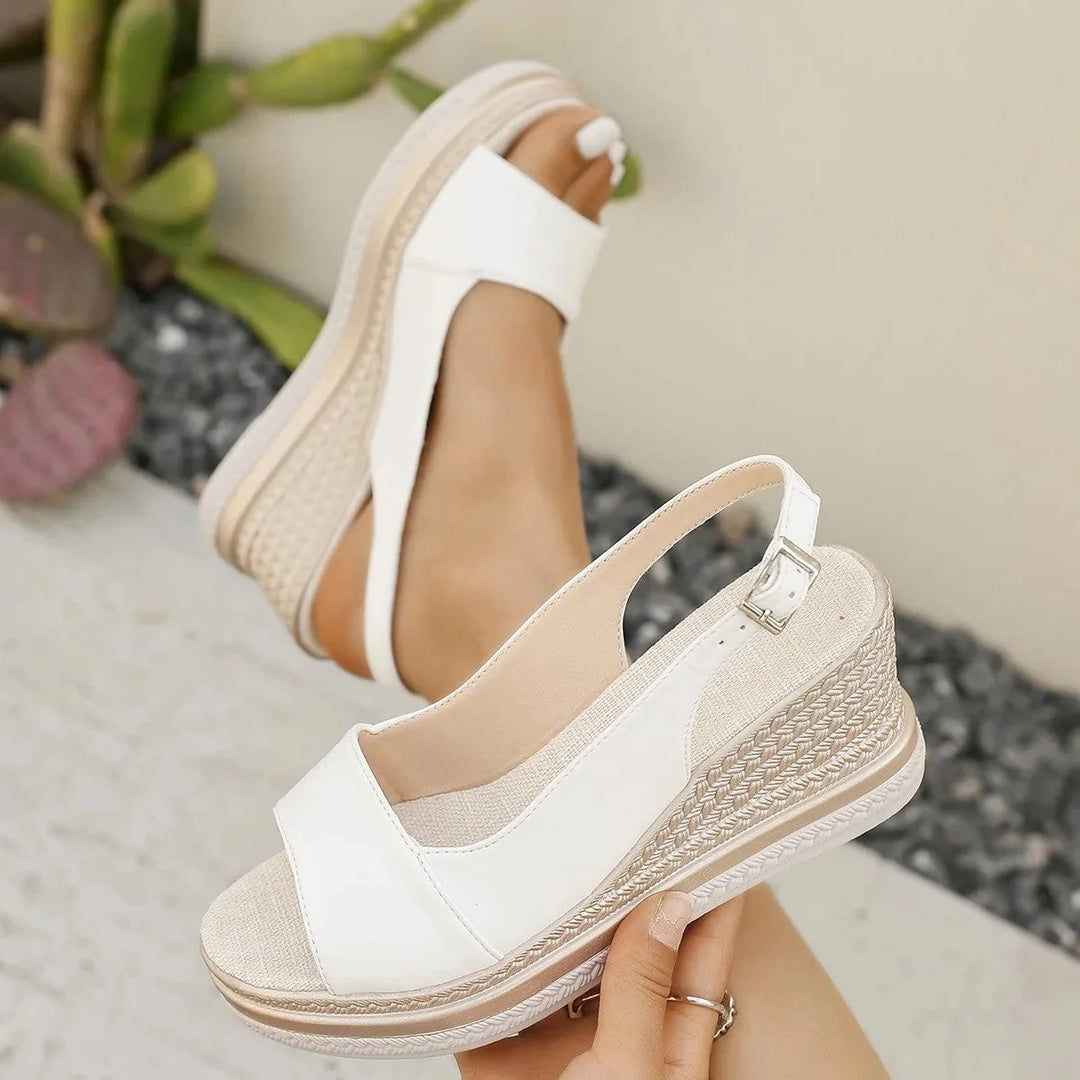 White Women's Espadrille Platform Sandals With Ankle Strap — Brooke Woven Sole Adjustable - Front Full