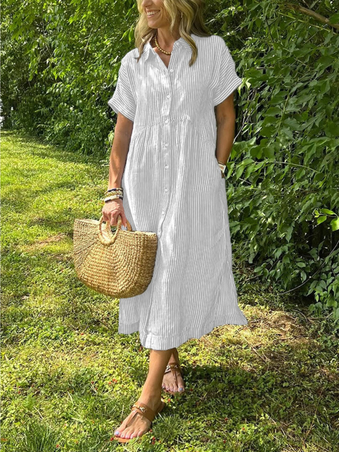 Madelyn | Striped Short Sleeve Button Front Yellow Dress