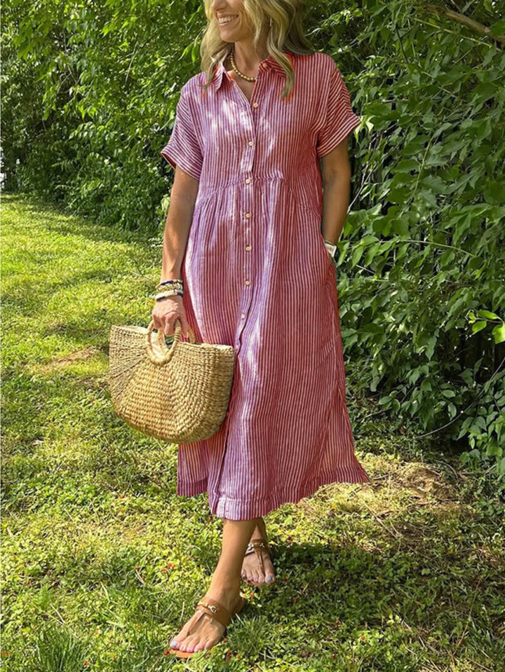 Madelyn | Striped Short Sleeve Button Front Yellow Dress
