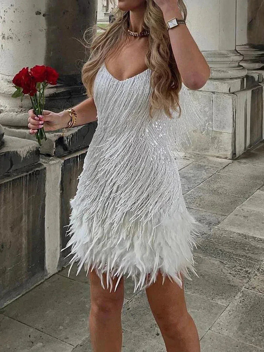Sophia | Elegant Feather Party Mini Dress with V-Neck