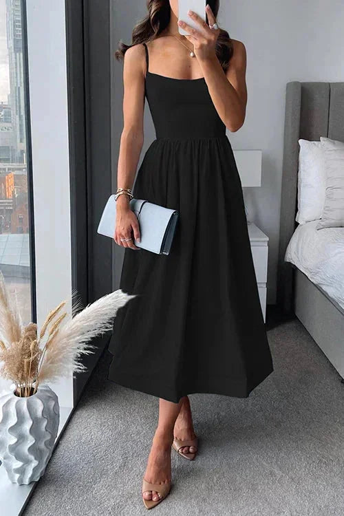 Black Women's Fitted Spaghetti Strap Midi Dress — Tara A-Line Sleeveless Summer - Studio Pose