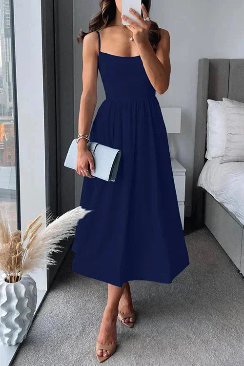 Dark Blue Women's Fitted Spaghetti Strap Midi Dress — Tara A-Line Sleeveless Summer - Side Pose