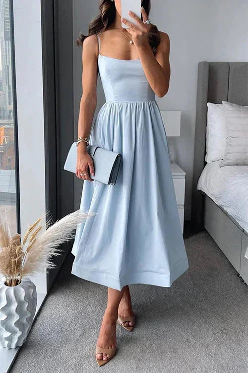 Light Blue Women's Fitted Spaghetti Strap Midi Dress — Tara A-Line Sleeveless Summer - Front Full