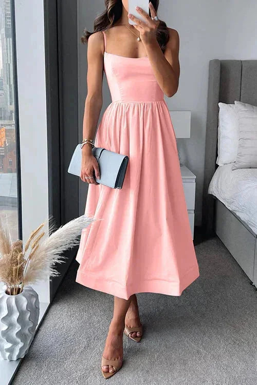 Pink Women's Fitted Spaghetti Strap Midi Dress — Tara A-Line Sleeveless Summer - Front Pose