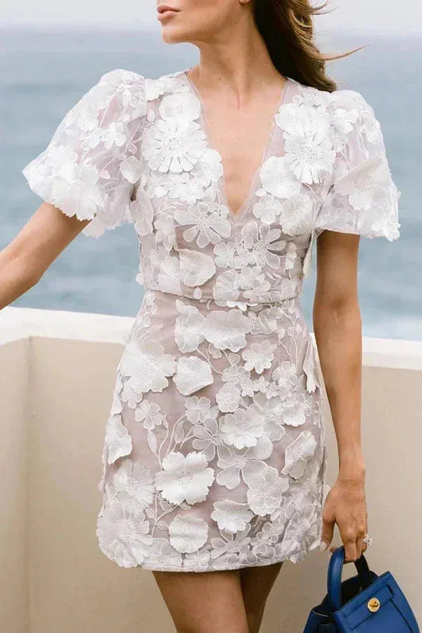 Serena | Elegant Floral Puff Sleeve V-Neck Mini Evening Dress