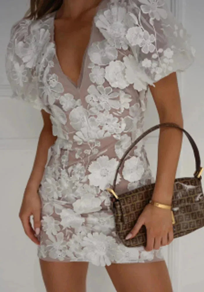 Serena | Elegant Floral Puff Sleeve V-Neck Mini Evening Dress