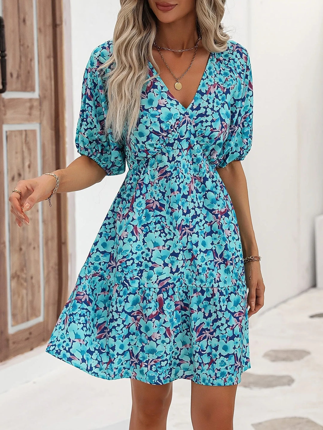 Beatrice | Elegant Floral Mini Dress V-Neck Puff Sleeve