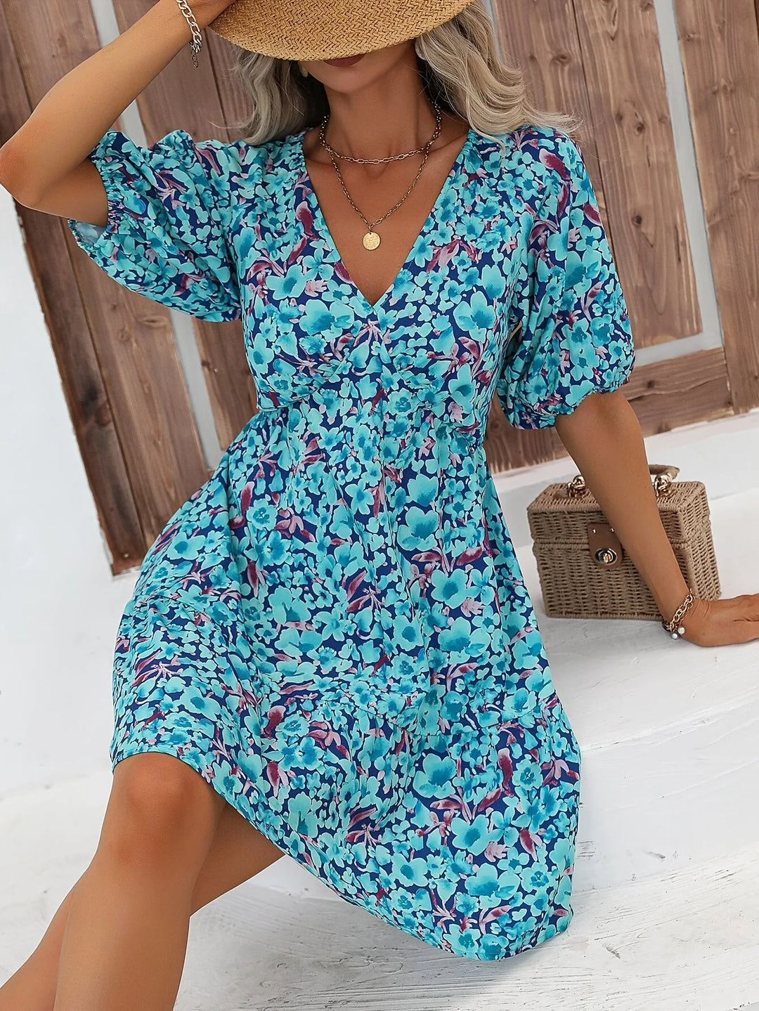 Beatrice | Elegant Floral Mini Dress V-Neck Puff Sleeve