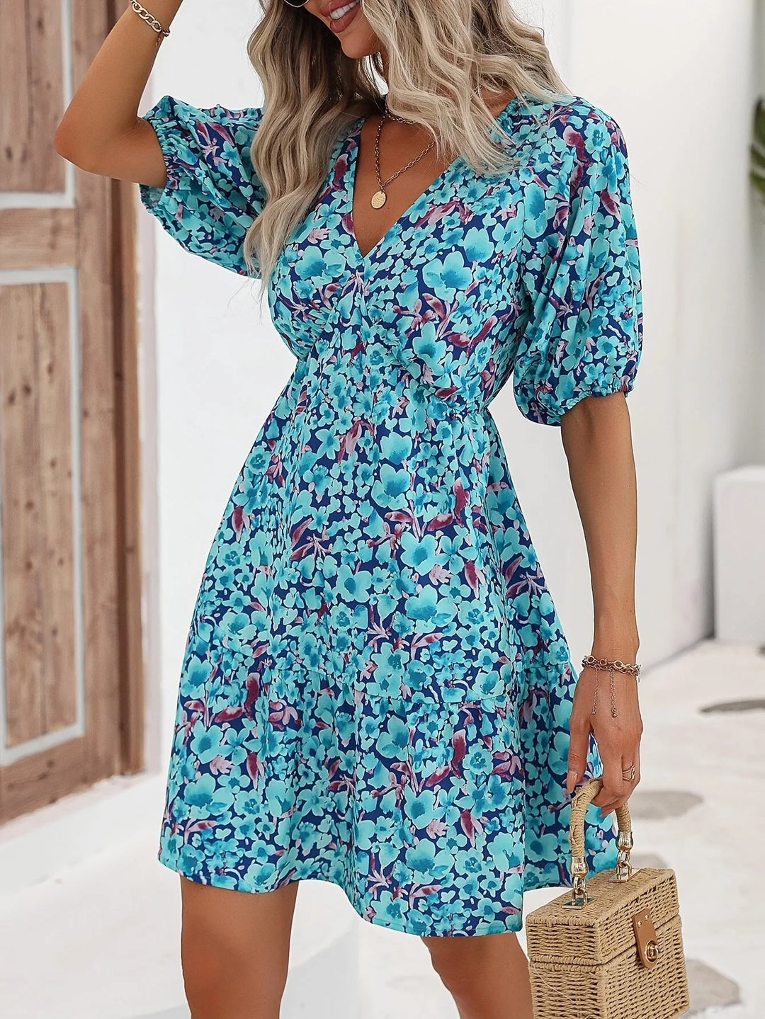 Beatrice | Elegant Floral Mini Dress V-Neck Puff Sleeve