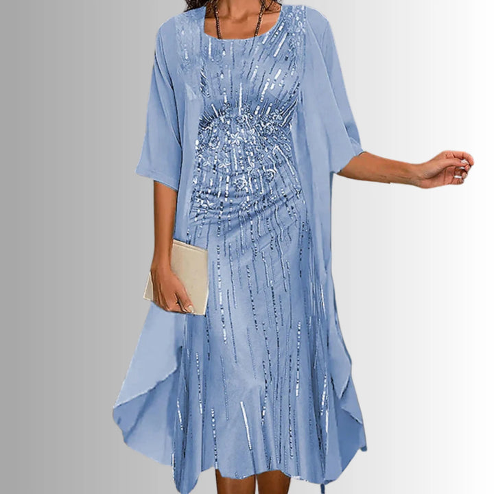 Light Blue Elegant Two Piece Summer Set with Flowy Cardigan - Model Walking