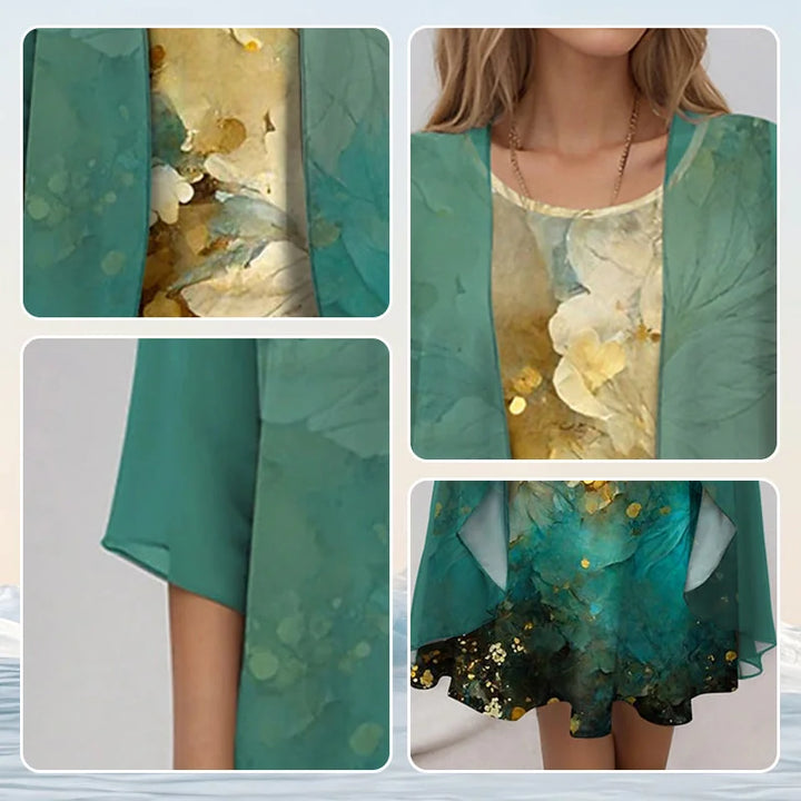 Teal Elegant Two Piece Summer Set with Flowy Cardigan - Flat Lay