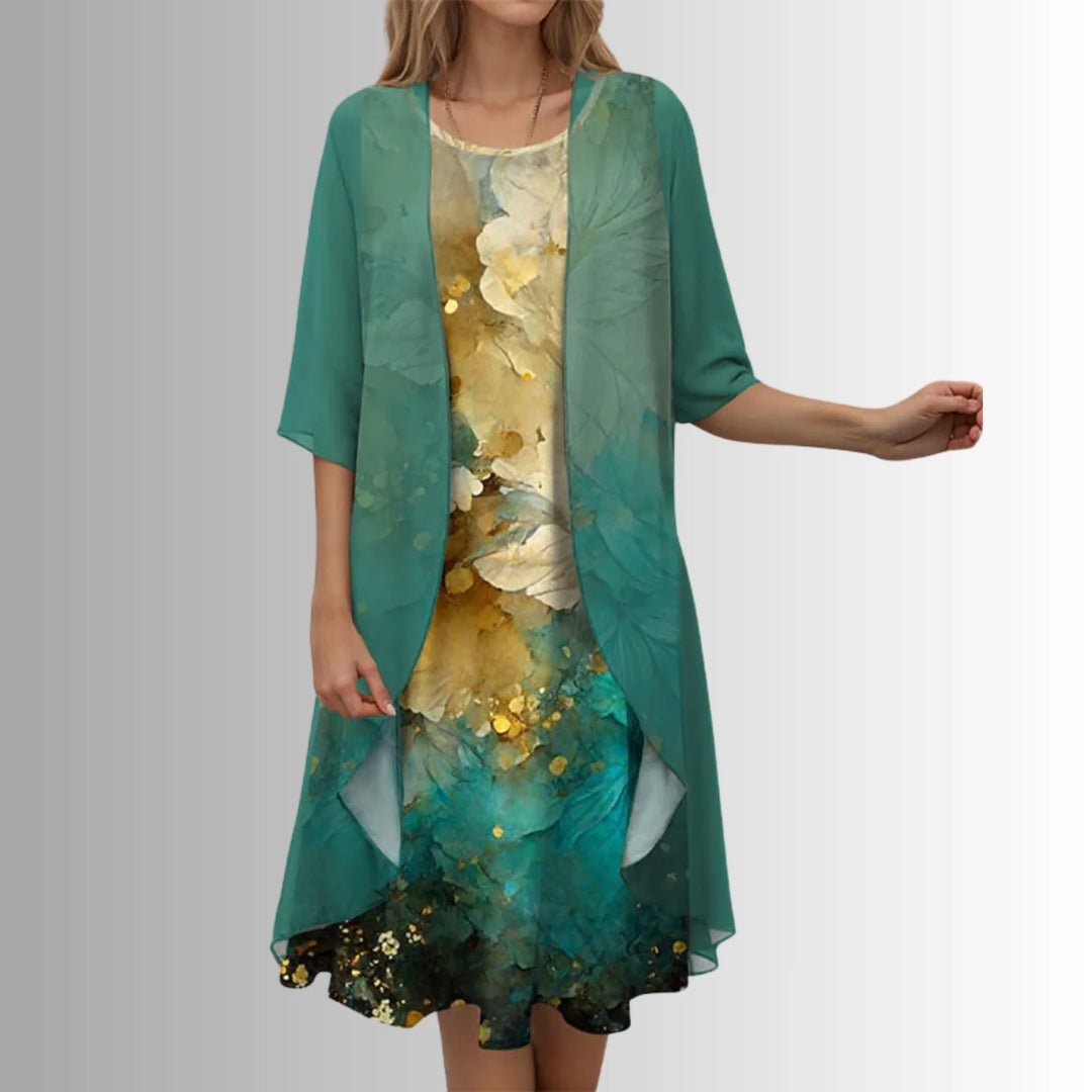 Teal Elegant Two Piece Summer Set with Flowy Cardigan - Side Pose