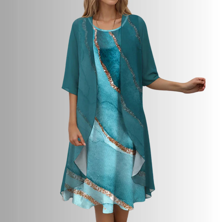 Turquoise Elegant Two Piece Summer Set with Flowy Cardigan - Studio White