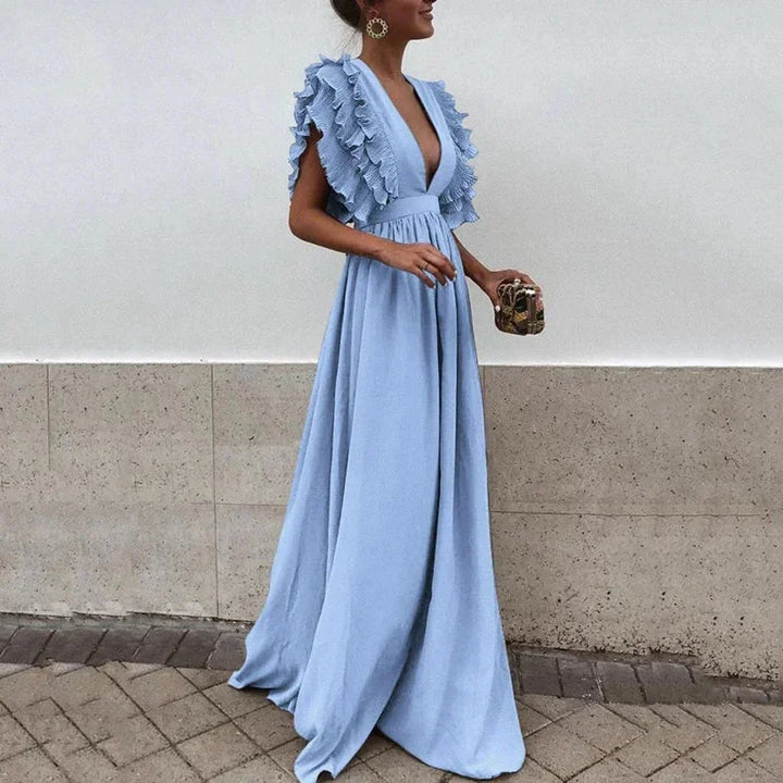 Blue Women's Flutter Sleeve Flowy Maxi Dress — Delaney Deep V-Neck Ruffle - Front Full