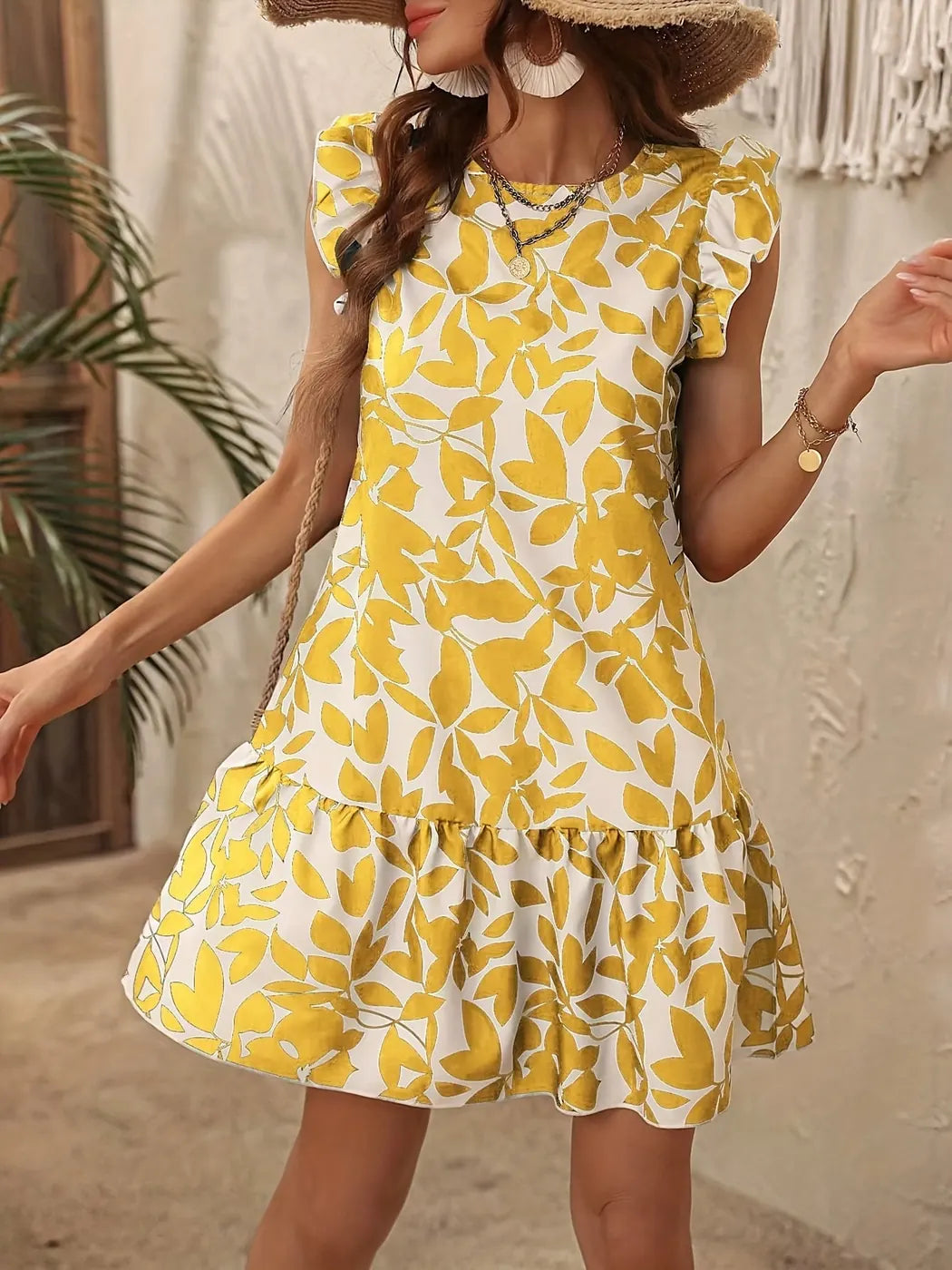 Yellow Women's Yellow Floral Mini Dress — Eleanor Ruffle Sleeve Drop Waist - Front Full