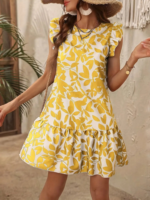 Women's Yellow Floral Mini Dress — Eleanor Ruffle Sleeve Drop Waist