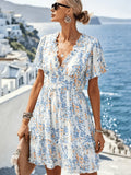 Clara | Flutter Sleeve V-Neck Blue Floral Dress
